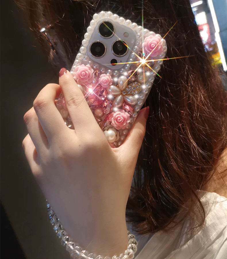 Pink Rose Pearl Crystal iPhone Case with Beaded Wrist Strap
