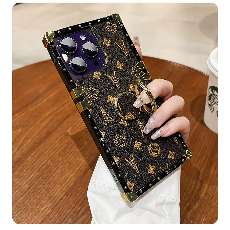 Luxe Vintage Trunk iPhone Case with Gold-Tone Ring Grip