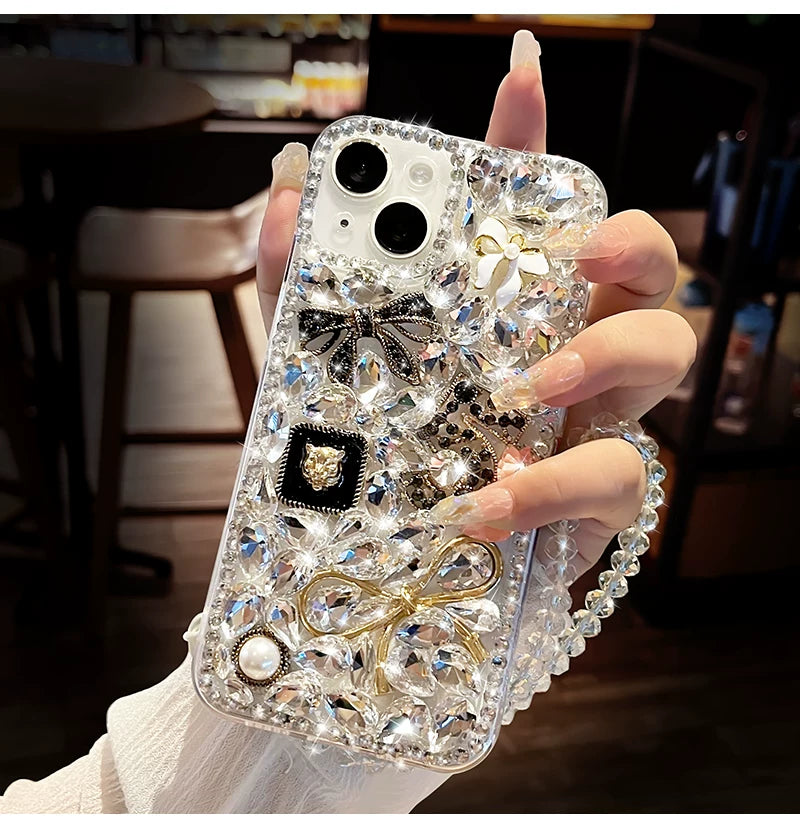 Luxury Crystal Bow iPhone Case with Beaded Wrist Strap