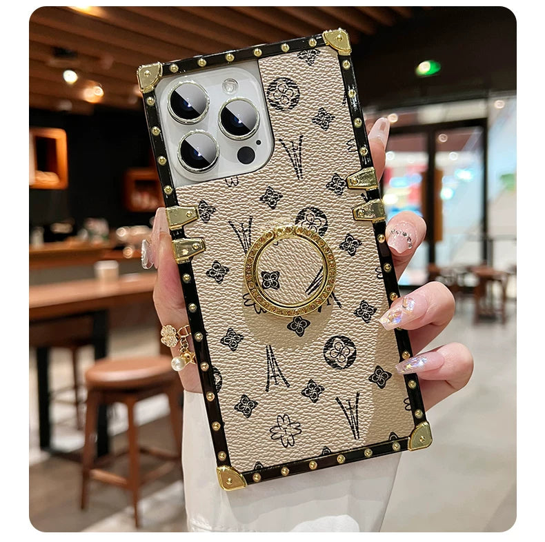Luxe Vintage Trunk iPhone Case with Gold-Tone Ring Grip