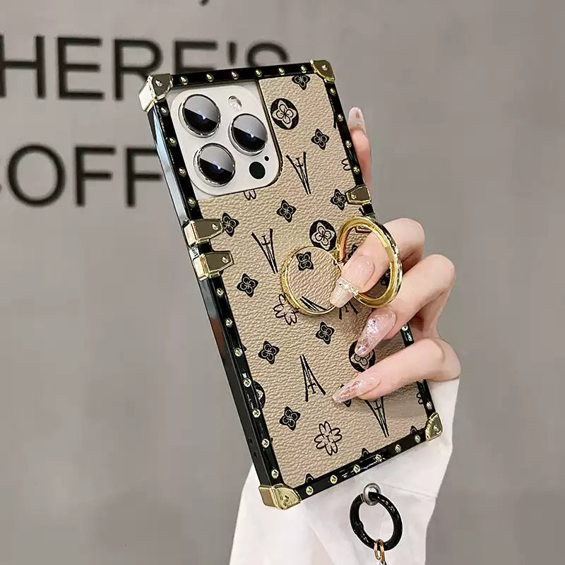 Luxe Vintage Trunk iPhone Case with Gold-Tone Ring Grip