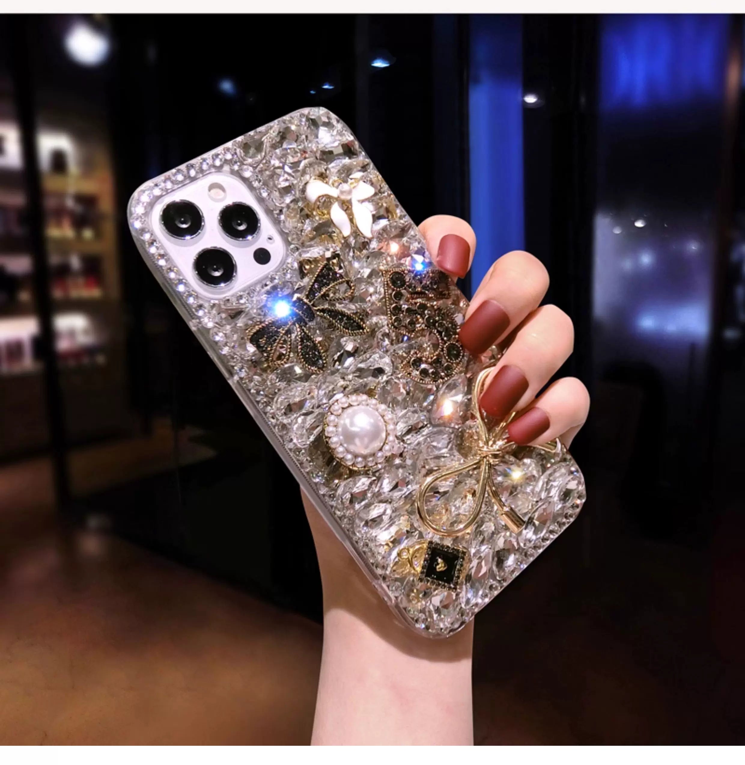 Luxury Crystal Charm iPhone Case with Gold Bows & Pearl Accents