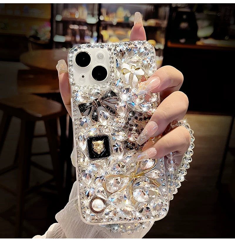 Luxury Crystal Bow iPhone Case with Beaded Wrist Strap