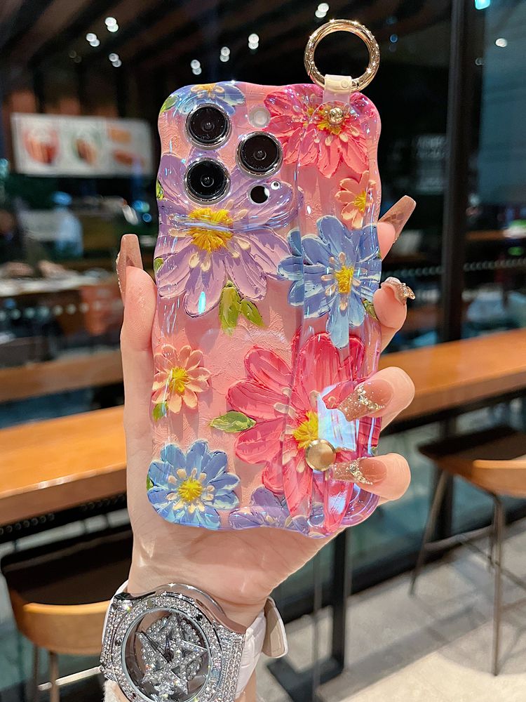 Watercolor Bloom Floral iPhone Case with Wrist Strap & Gold-Tone Ring