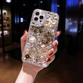 Luxury Crystal Charm iPhone Case with Gold Bows & Pearl Accents