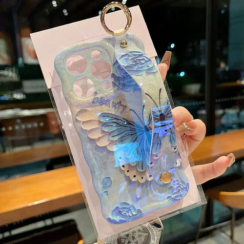 Lucky Blue Butterfly Garden iPhone Case with Wrist Strap & Gold-Tone Ring