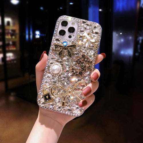 Luxury Crystal Charm iPhone Case with Gold Bows & Pearl Accents