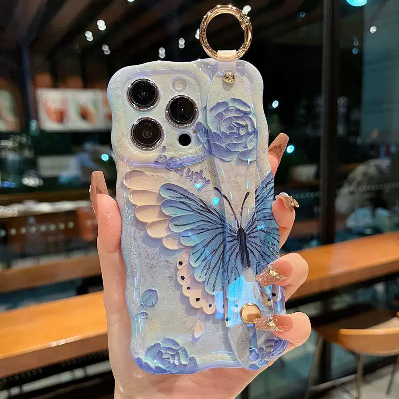 Lucky Blue Butterfly Garden iPhone Case with Wrist Strap & Gold-Tone Ring