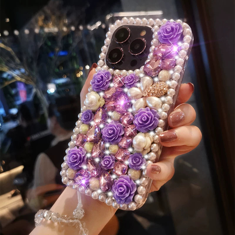 Purple Rose Pearl Crystal iPhone Case with Beaded Wrist Strap