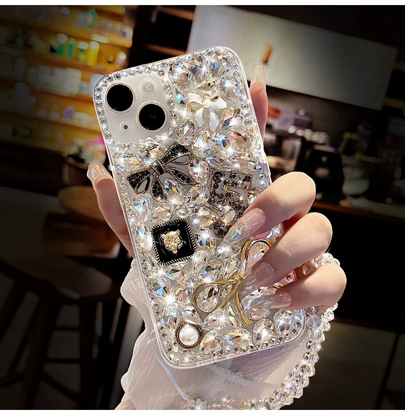 Luxury Crystal Bow iPhone Case with Beaded Wrist Strap