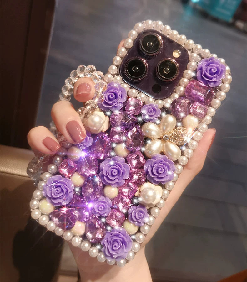 Purple Rose Pearl Crystal iPhone Case with Beaded Wrist Strap