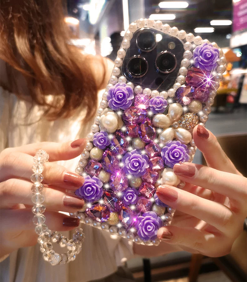 Purple Rose Pearl Crystal iPhone Case with Beaded Wrist Strap