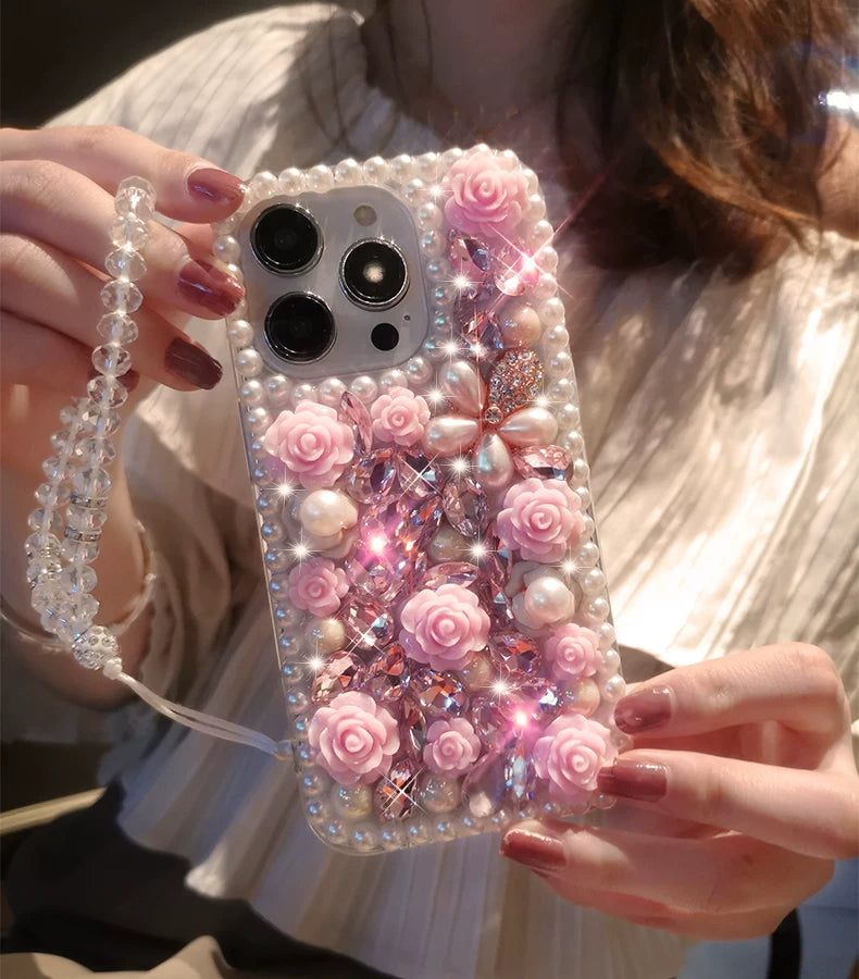 Pink Rose Pearl Crystal iPhone Case with Beaded Wrist Strap