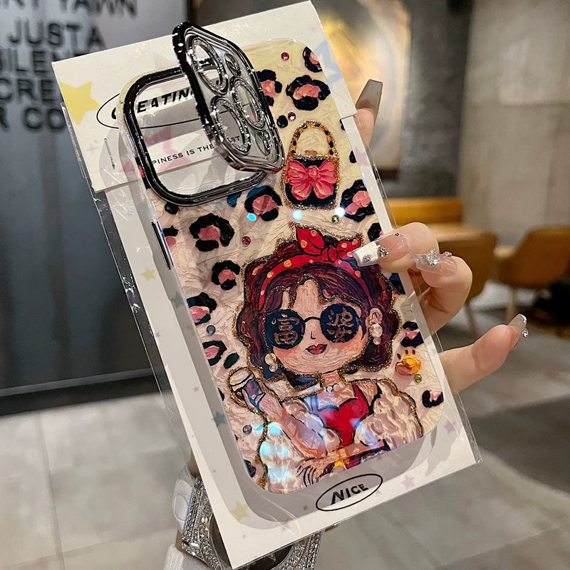 Leopard Glam Girl iPhone Case with Rhinestone Flip Camera Cover