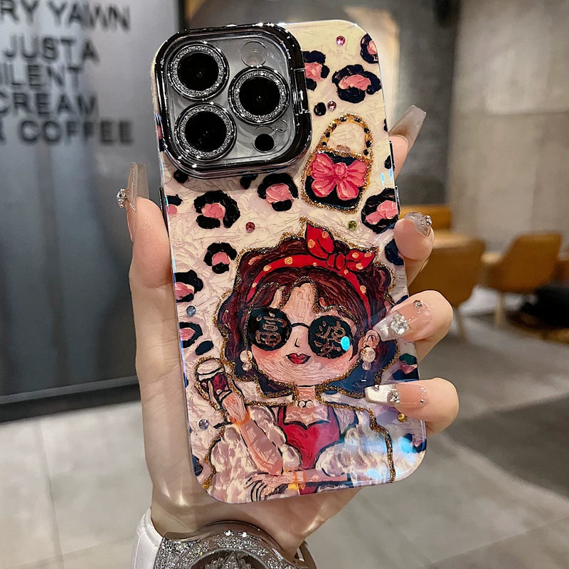 Leopard Glam Girl iPhone Case with Rhinestone Flip Camera Cover