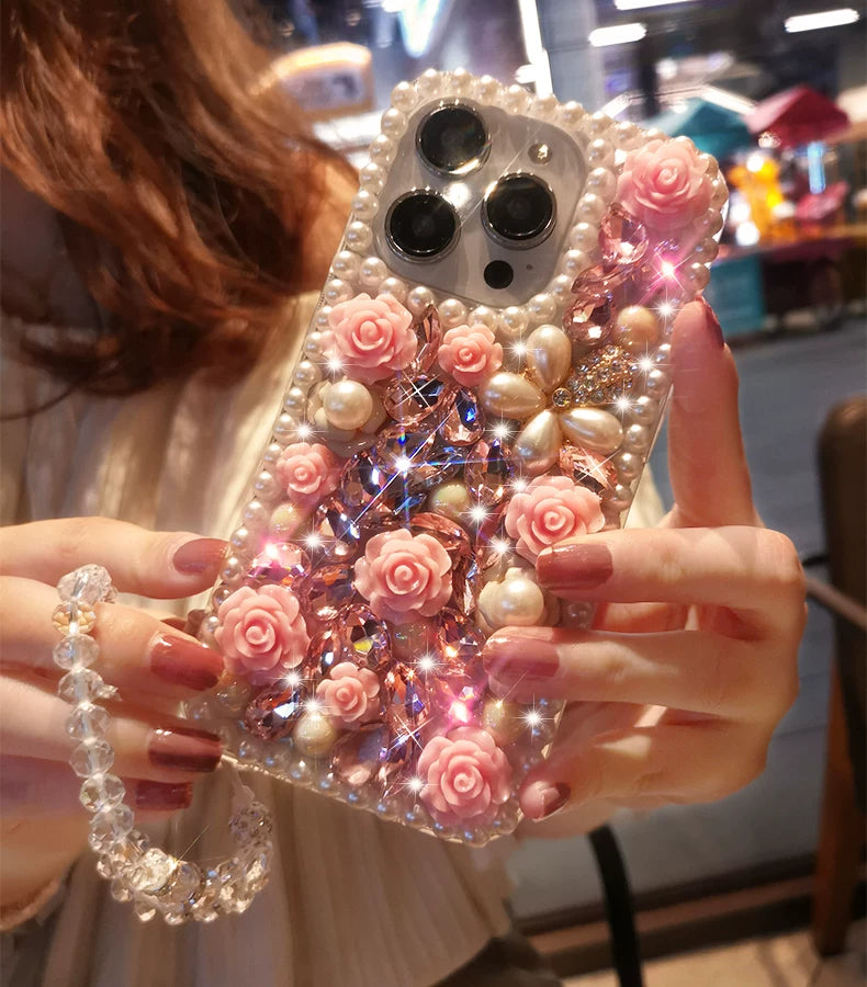 Pink Rose Pearl Crystal iPhone Case with Beaded Wrist Strap