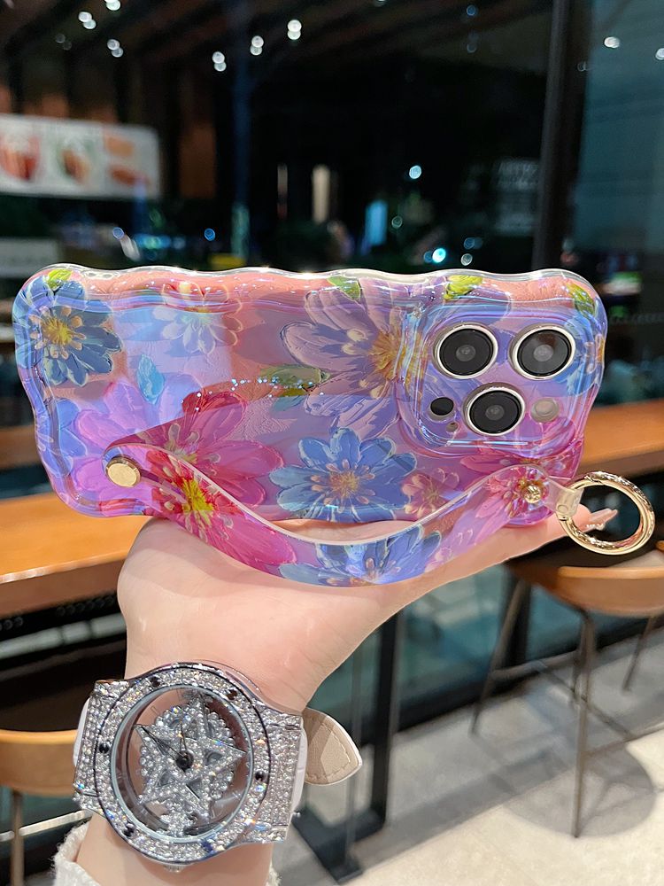 Watercolor Bloom Floral iPhone Case with Wrist Strap & Gold-Tone Ring