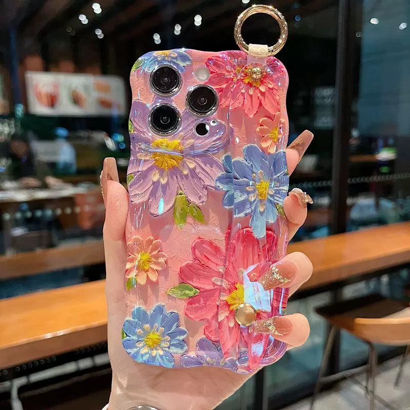 Watercolor Bloom Floral iPhone Case with Wrist Strap & Gold-Tone Ring