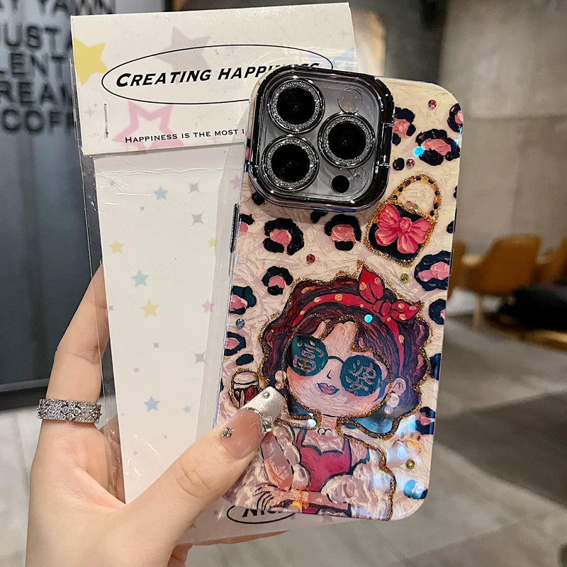 Leopard Glam Girl iPhone Case with Rhinestone Flip Camera Cover