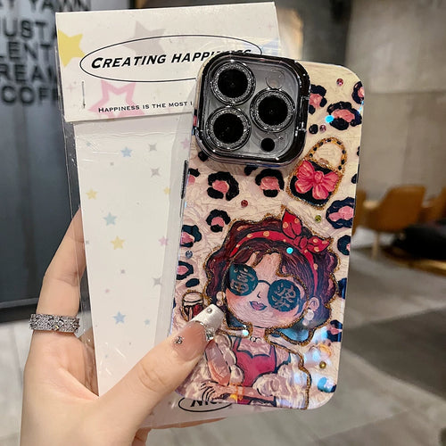 Leopard Glam Girl iPhone Case with Rhinestone Flip Camera Cover