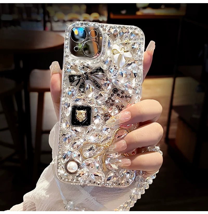 Luxury Crystal Bow iPhone Case with Beaded Wrist Strap