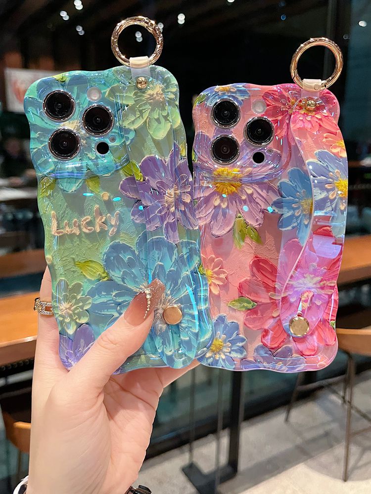 Watercolor Bloom Floral iPhone Case with Wrist Strap & Gold-Tone Ring