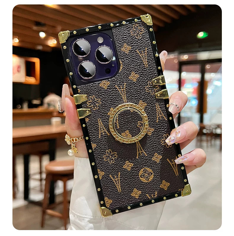Luxe Vintage Trunk iPhone Case with Gold-Tone Ring Grip