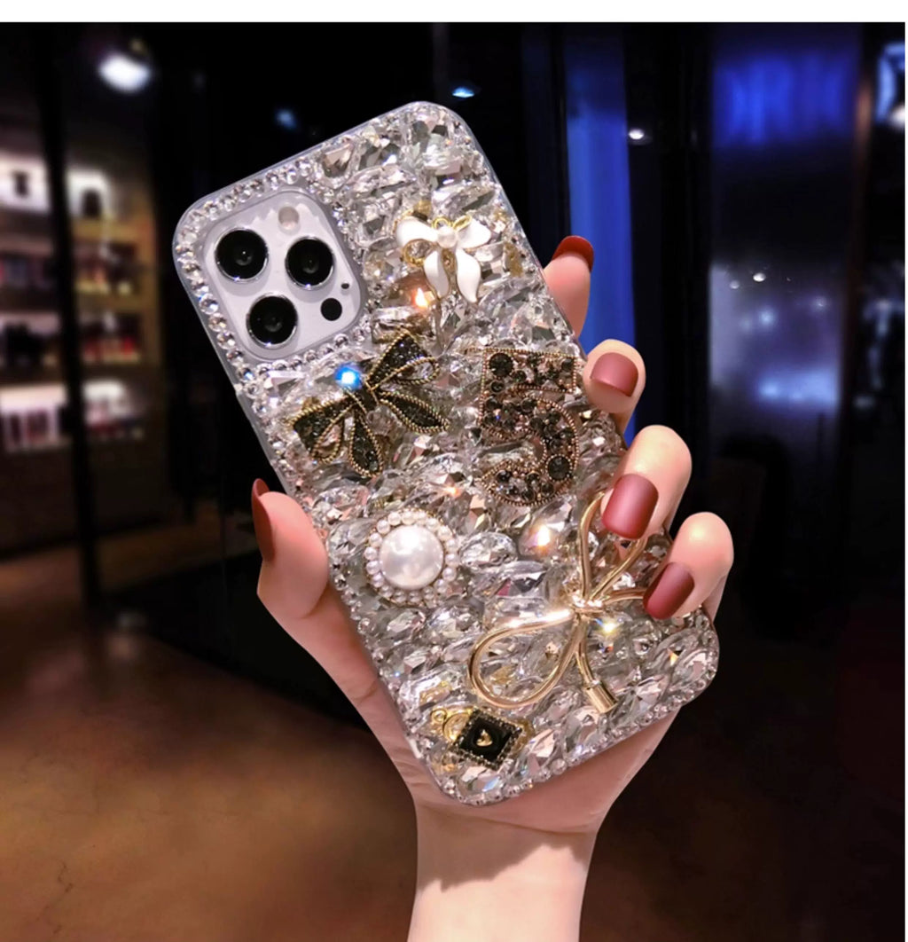 Luxury Crystal Charm iPhone Case with Gold Bows & Pearl Accents
