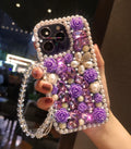 Purple Rose Pearl Crystal iPhone Case with Beaded Wrist Strap