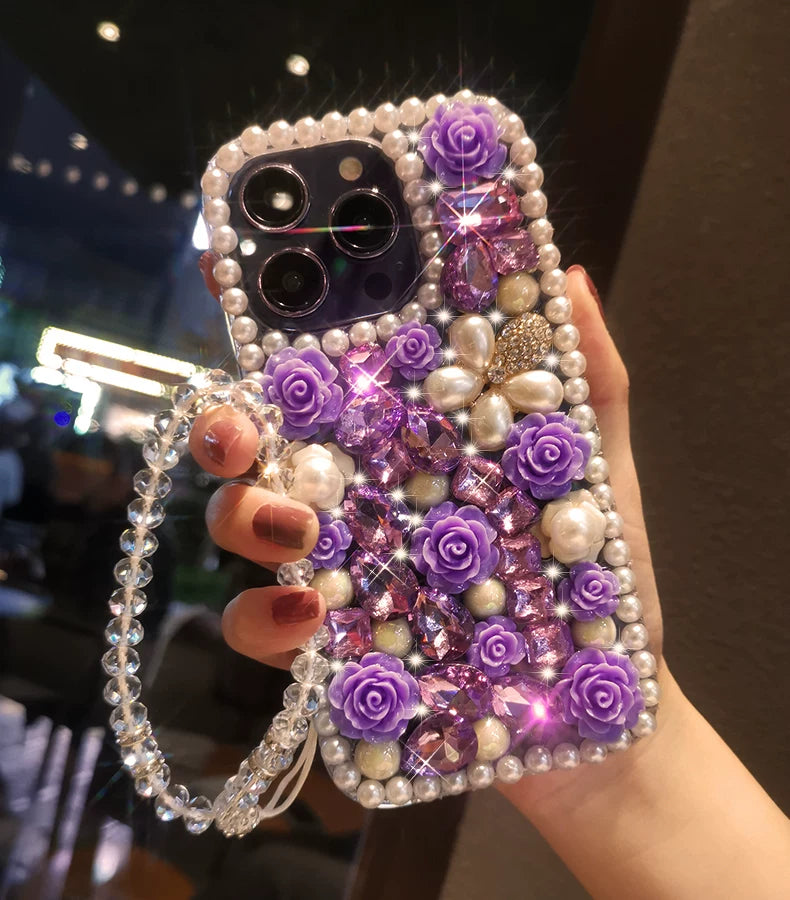 Purple Rose Pearl Crystal iPhone Case with Beaded Wrist Strap