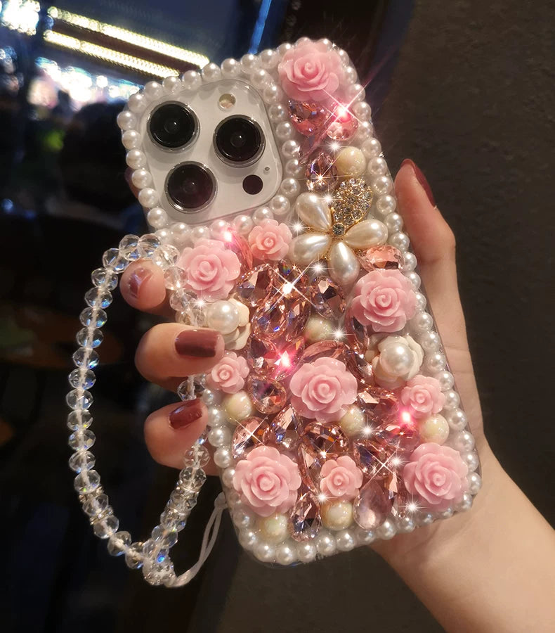 Pink Rose Pearl Crystal iPhone Case with Beaded Wrist Strap