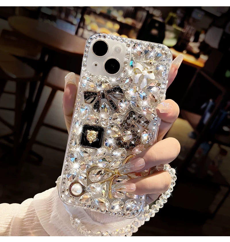Luxury Crystal Bow iPhone Case with Beaded Wrist Strap