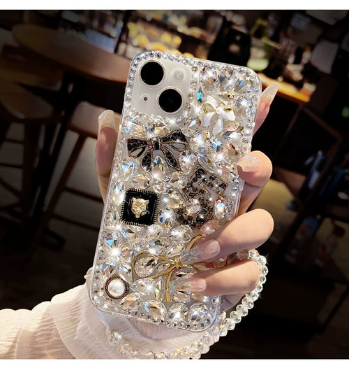 Luxury Crystal Bow iPhone Case with Beaded Wrist Strap