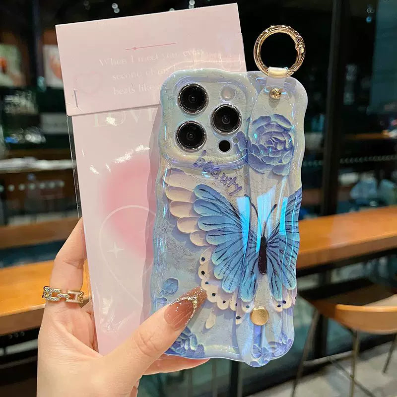 Lucky Blue Butterfly Garden iPhone Case with Wrist Strap & Gold-Tone Ring