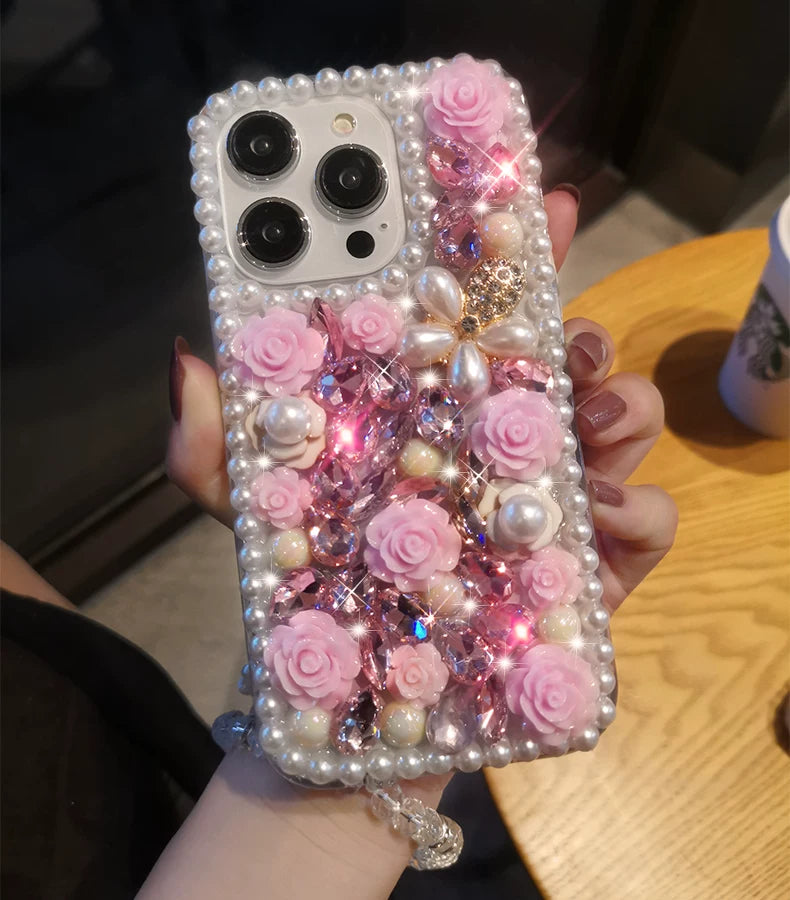 Pink Rose Pearl Crystal iPhone Case with Beaded Wrist Strap
